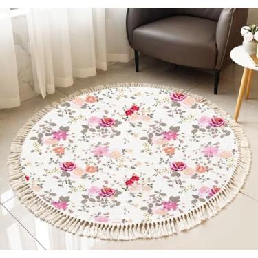 Imagem de Tapete redondo de franja sem costura com estampa de tecido natural adorável buquês rosas zinnias cinquefoil Boho tapete de linho tecido à mão tapete de corredor para pátio decoração de casa de banho