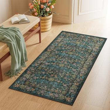 Imagem de DUKINO Tapete de 5 x 10 cm para entrada, tapete de corredor lavável leve com suporte antiderrapante, tapete pequeno floral vintage para cozinha, corredor, entrada, banheiro, quarto, azul