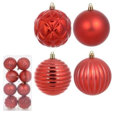 Imagem de Bola Decorada de Natal Vermelha - Conjunto com 8 Unidades de 8cm - Flo