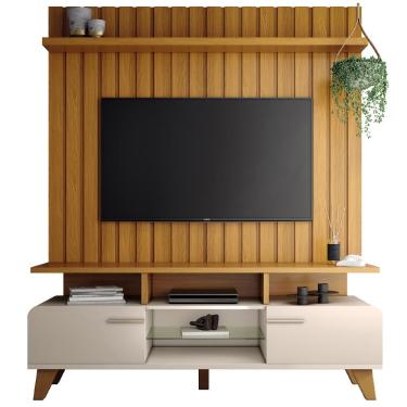 Imagem de Rack Para Sala Émile com Painel Para TV Ripado 60 Pol Conect B01 Off White Cinamomo - Lyam Decor