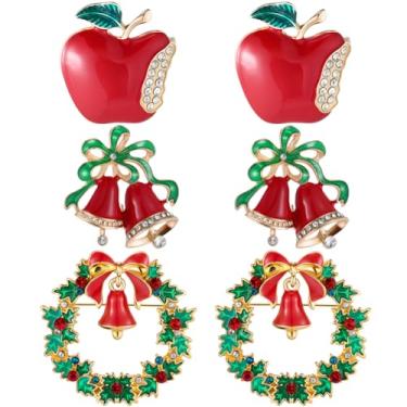 Imagem de SOFPLATE 1 caixa com 3 estilos, 6 peças esmaltadas de Natal conjunto de broches de Natal em liga a granel grinalda colorida sino maçãs da paz broche de strass 3D para lembrancinha de festa presente de