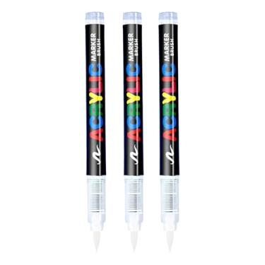 Imagem de Kit 3 Caneta Acrílica Branca Pincel Brush Marcador Permanente Desenhos Tecidos Cerâmica Secagem Rápida
