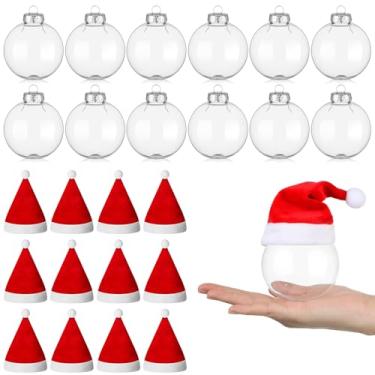 Imagem de Soulchen Conjunto de 12 conjuntos de enfeites de bola de plástico transparente de 7,5 cm, mini chapéus de feltro para decoração de árvore de Natal, decoração de árvore de Natal, suprimentos de festa