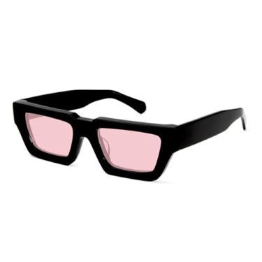 Imagem de HCHES Óculos de sol retangulares polarizados masculinos, armação grossa de acetato para mulheres dirigindo (preto e rosa)