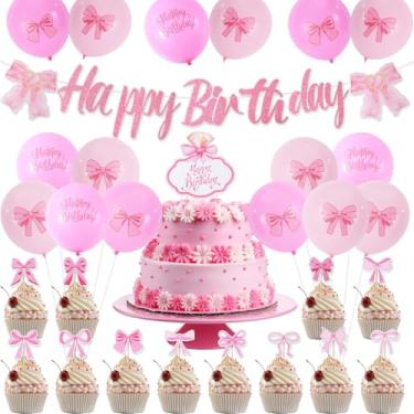 Imagem de Conjunto de decorações de festa com laço rosa, balões de laço rosa, faixa de feliz aniversário, enfeite de cupcake, decoração de aniversário para casamento, chá de panela, festa temática de bolo de