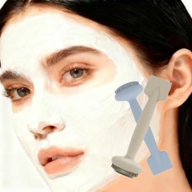 Imagem de Escova de máscara facial de cabeça dupla 2 em 1, escova de limpeza de máscara de silicone, ferramenta de raspagem de superfície de filme de lama, 2 peças, cor creme e azul claro
