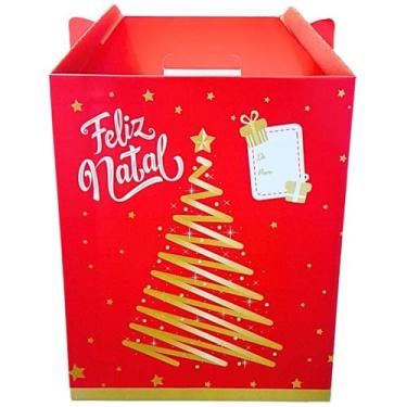 Imagem de 5 Cestas De Natal Caixa Natalina Para Presente Com Alça Resistente Impresso ''Feliz Natal'' Vermelha