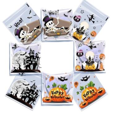 Imagem de 100 sacos de guloseimas de celofane de Halloween - Sacos autoadesivos transparentes para biscoitos, sacos de doces transparentes autovedantes, sacolas de presente de plástico autoadesivas para