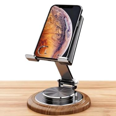 Imagem de Suporte de telefone de mesa dobrável duplo com uma base de madeira estável e portátil de rotação de 360° para todos os smartphones, iPads e tablets