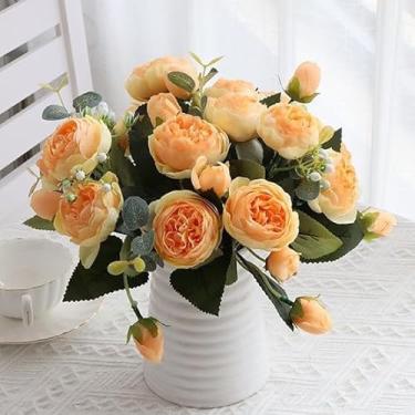 Imagem de 1 peça de flores artificiais de peônia pano de seda flores falsas decoração de casa flores simuladas vaso de mesa ornamento de buquê falso casamento festa festiva decoração de mesa de jantar laranja