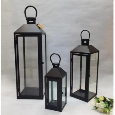 Imagem de Lanternas decorativas altas grandes de metal preto conjunto de 3 - decoração moderna de casa de fazenda para interior, exterior, mesa, varanda (com vidro)