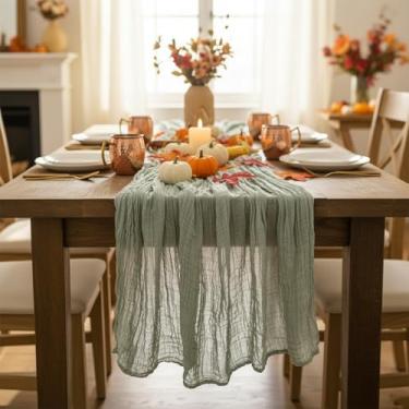 Imagem de Caminho de mesa de gaze verde sálvia 3 m, decoração de mesa de tecido de gaze para casamento, outono de 300 cm, Dia de Ação de Graças, festa de fazenda rústica boho, chá de bebê, aniversário e