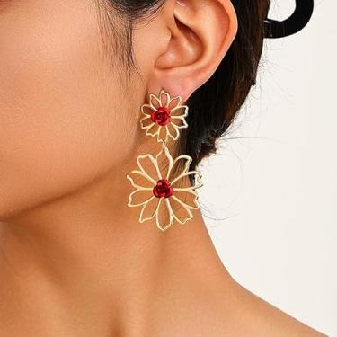 Imagem de Brincos de flor para mulheres, brincos grandes, dourados, grandes, florais, exclusivos, branco, verde, azul, rosa, rosa, joia elegante, Medium, Latão, Sem pedra preciosa