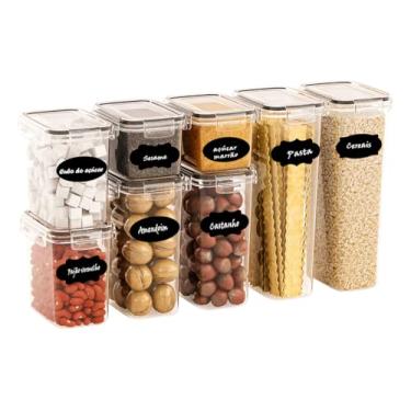 Imagem de Kit 8 Potes Herméticos Plástico Quadrado Empilháveis, Tampa de Vedação Silicone, Porta Alimentos e Mantimentos, Armário Cozinha Despensa