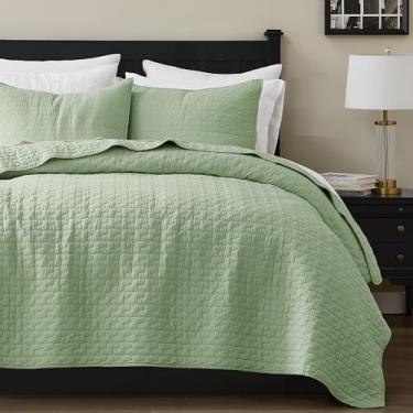Imagem de palassio Conjunto de cama king size 100% algodão verde sálvia com 2 fronhas, colcha texturizada, leve, macia, chique, capa de cama acolchoada para todas as estações, 3 peças