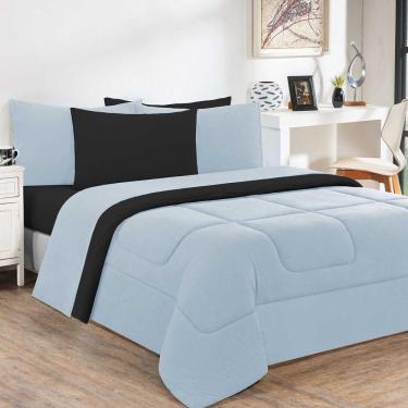 Imagem de Kit Edredom + Jogo De Lençol 100% Algodão Gran Moratta 6 Peças King Azul Bebê-preto