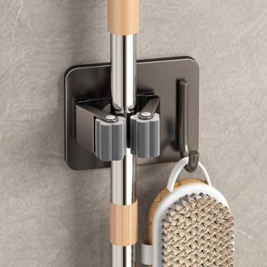 Imagem de Suporte de esfregão único de aço inoxidável, 1 garra + 1 gancho, suporte de parede adesivo sem perfuração para vassouras e ferramentas