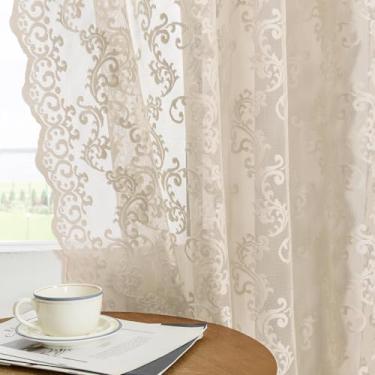 Imagem de Cortinas de renda cáqui de 153 cm de comprimento, 2 painéis, vintage, floral, francês, cortinas transparentes para sala de estar, quarto, paisley, vitoriana, bolso para varão, filtro de luz, janela de