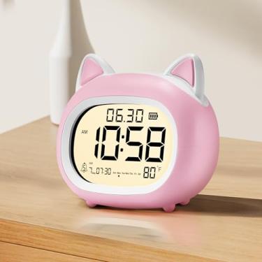 Imagem de Despertador infantil com luz noturna para crianças, pequenos despertadores digitais para quartos, construtor de rotina, despertador de gato fofo com treinamento de sono, soneca, 12/24H, data e dia