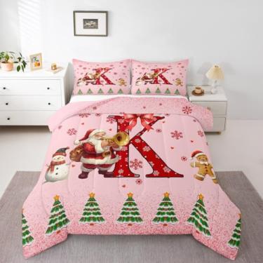 Imagem de Feelyou Conjunto de edredom de Natal rosa, solteiro, arco de Natal, boneco de neve, floco de neve, papai noel, para crianças, meninos, meninas, edredom personalizado, com inicial K, 2 peças com 1