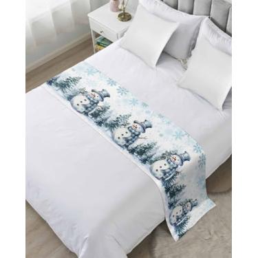 Imagem de DecorLovee Corredores de cama de boneco de neve de Natal para cama king size, mantas de cama decorativas para os pés da cama, floco de neve azul, árvore de Natal, corredor, sofá, lençol, protetor para