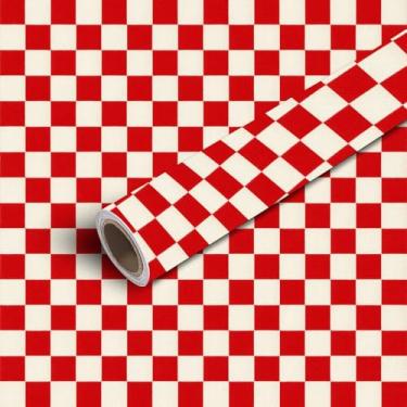 Imagem de Papel de parede de 61 cm x 299 cm, papel de parede vermelho e branco, quadriculado, sem costura, estampa quadriculada, vermelho, branco, papel de contato, papel de parede autoadesivo, adesivo de