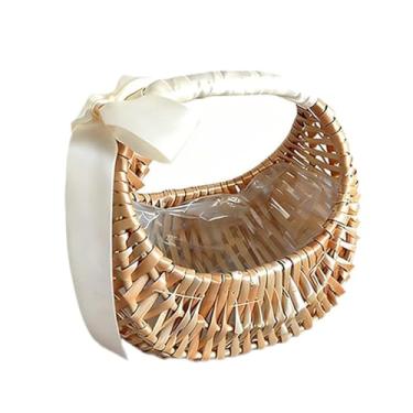 Imagem de Bothyi Cesto de vime em formato de meia-lua, cesto de armazenamento trançado, decoração para casa, pequeno suporte rústico para flores em estilo boho, ideal