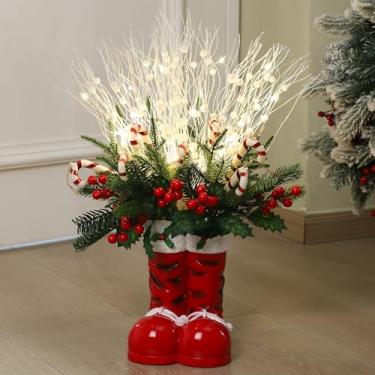 Imagem de Vesici Decoração de botas de Natal, botas de Papai Noel, plantador com galhos, enfeites em forma de bengala doce, decoração de árvore de Natal para lembrancinhas de festa, casa, escritório, férias