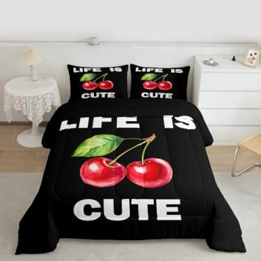 Imagem de Feelyou Conjunto de edredom infantil com estampa de cerejeira vermelha, tamanho solteiro, com estampa de cerejeira, edredom fofo para quarto de crianças, meninos, meninas, kawaii, decoração de frutas
