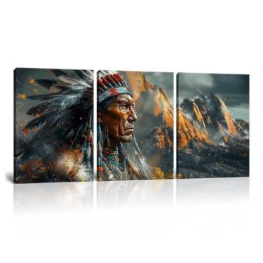 Imagem de Wall HDQ Decoração de parede American Indian Chief Pintura indiana para decoração de casa impressões emolduradas 3 peças (50,8 cm x 28 x 3 peças)