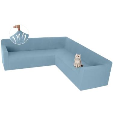 Imagem de ALIECOM Capas de sofá seccionais de canto elástico em forma de L, capas seccionais laváveis, em formato de U, jacquard, sala de estar, cães, protetor de móveis com fundo elástico (azul lago, pequeno)