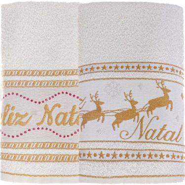 Imagem de Kit 10 Toalha De Rosto Feliz Natal 90% Algodão 400g-m² 45x68cm Bene Casa Pérola