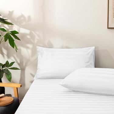 Imagem de NookZuzu Jogo de lençol com elástico branco, Queen, listrado de algodão, lençol com elástico profundo de algodão orgânico, conjunto de lençol de 3 peças, sem lençol de cima incluído, macio e