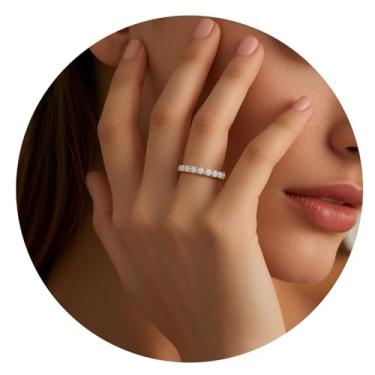Imagem de Anel feminino de zircônia cúbica, aliança de eternidade empilhável, joias modernas para noivado, casamento, aniversário, presente para mulheres, Zircônia cúbica, Zircão criado