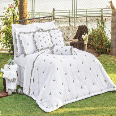 Imagem de Kit Enxoval Queen Bordado 200 Fios Mondrean Branco 5pçs