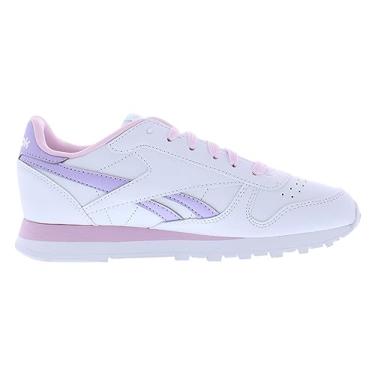Imagem de Reebok Tênis de couro clássico infantil unissex, Oásis branco/rosa pixel/roxo, 7 Big Kid