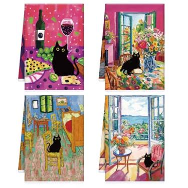 Imagem de Conjunto de 4 toalhas de cozinha de gato preto, toalhas de mão absorventes de flores de gato, toalha de prato de microfibra para pendurar animais fofos para cozinha, cozinha, limpeza, decoração de