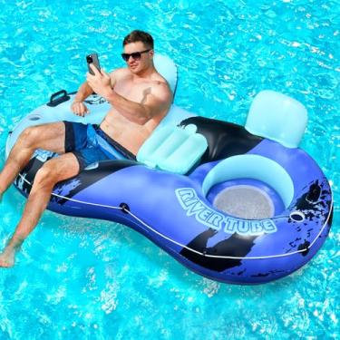 Imagem de Tubo de rio duplo resistente, tubo flutuante inflável para 2 pessoas com encosto, 2 suportes de copo, alças, boia inflável grande para família, boia de lago para adultos, azul