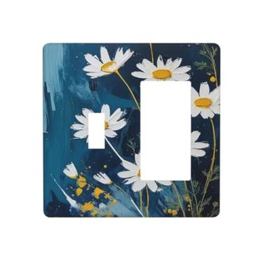 Imagem de JDAKHD Capa decorativa para tomada com flores de margarida branca fazenda 2 gangues placa de parede abstrata contemporânea azul pintura a óleo impressão alternância balancim elétrico placa de