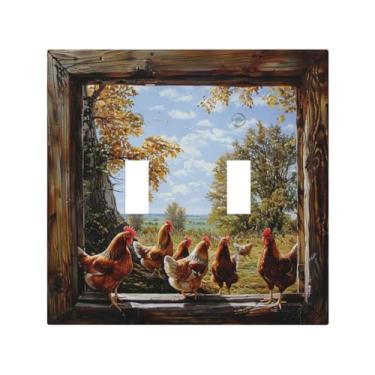 Imagem de SgEdao Capas decorativas para interruptores placa de janela de madeira galo cenário rural placa de parede de 2 gangues placa de interruptor duplo grande placa de interruptor de luz placa de parede