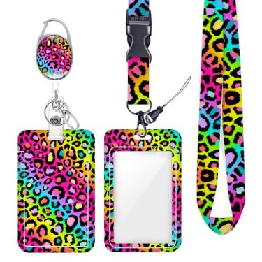 Imagem de Cordão de crachá colorido arco-íris neon leopardo para crachá para crachás de identificação, protetor de trabalho, clipes de mosquetão retráteis, cordão de chave resistente para mulheres, estudantes