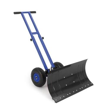 Imagem de Garvee Pá de neve com rodas, empurrador de neve com rodas de haste dupla resistente com lâmina de metal de 73 cm L × 35 cm A, alça ajustável em ângulo e altura para pátio de calçada de garagem, azul