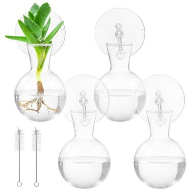 Imagem de Vasos de propagação de vidro pacote com 4 para plantas, pendurar com ventosas 4, pincéis 2, vaso de terrário, decoração de casa para cultivo de água, presente exclusivo de inauguração de casa