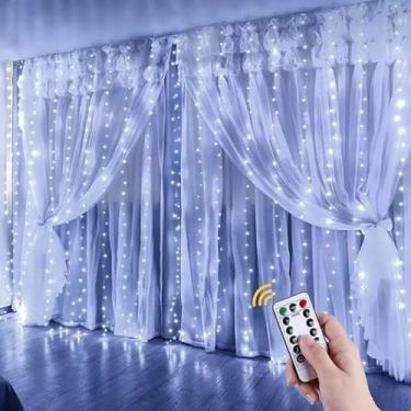 Imagem de Cortina LED 3×3 Branco Frio com Controle Remoto – Pisca Pisca com 300 LEDs, 8 Modos de Iluminação, USB 5V para Decoração, Festas e Natal
