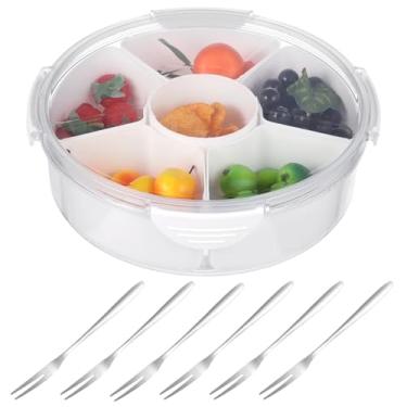 Imagem de Bandeja de servir de plástico de 6 compartimentos com tampa, organizador de lanches e frutas, bandeja de charcutaria selada transparente, caixa de armazenamento de alimentos para nozes, doces, frutas