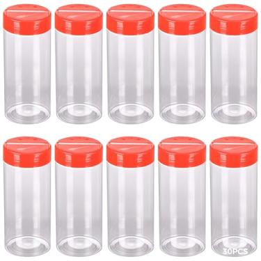 Imagem de Frascos de plástico para especiarias, 30 peças, 250 ml, tampas vermelhas duplas flip, transparentes, tampas de coqueteleira, pacote a granel, armazenamento de cozinha, potes de tempero