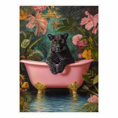 Imagem de Pintura a óleo de leopardo preto - arte de parede de banheiro maximalista, estampa de leopardo preto em um banho, estampa floral eclética de animais selvagens - 30 x 40 cm pronto para pendurar (sem