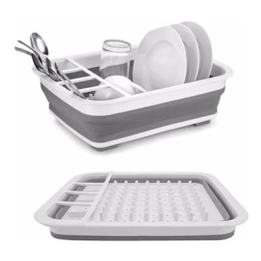 Imagem de Escorredor de Louça Dobrável em Plástico, Design Compacto, Branco e Cinza, com Suporte para Talheres, Organizador de Cozinha