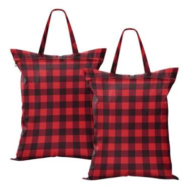 Imagem de Sacos de lavanderia de viagem, 2 peças, saco seco e molhado com alça organizador de roupas sujas para maiô, praia, acampamento, impermeável, lavável, xadrez búfalo vermelho e preto