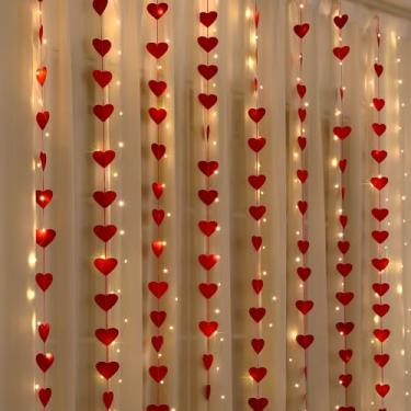 Imagem de Hahafelt Pacote com 8 Corações Vermelhos para Dia dos Namorados, Guirlanda de Feltro, 160 Corações de Feltro, Cortina de Coração para Dia dos Namorados com Luzes para Pendurar para Janela, Teto